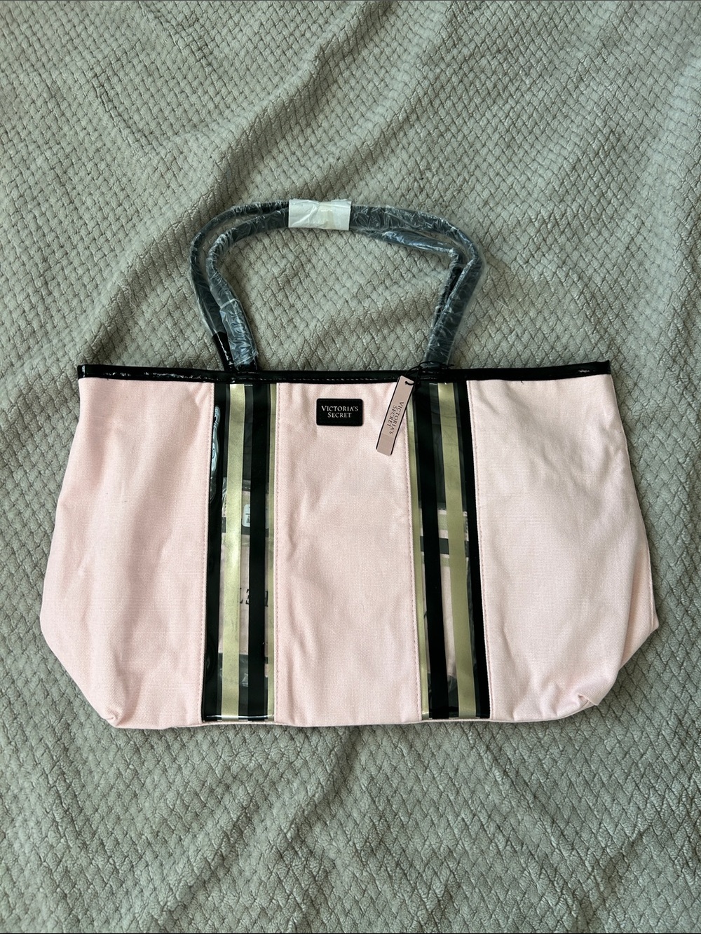Victoria's Secret Light Pink Canvas Tote with Black Trim and Clear Stripes